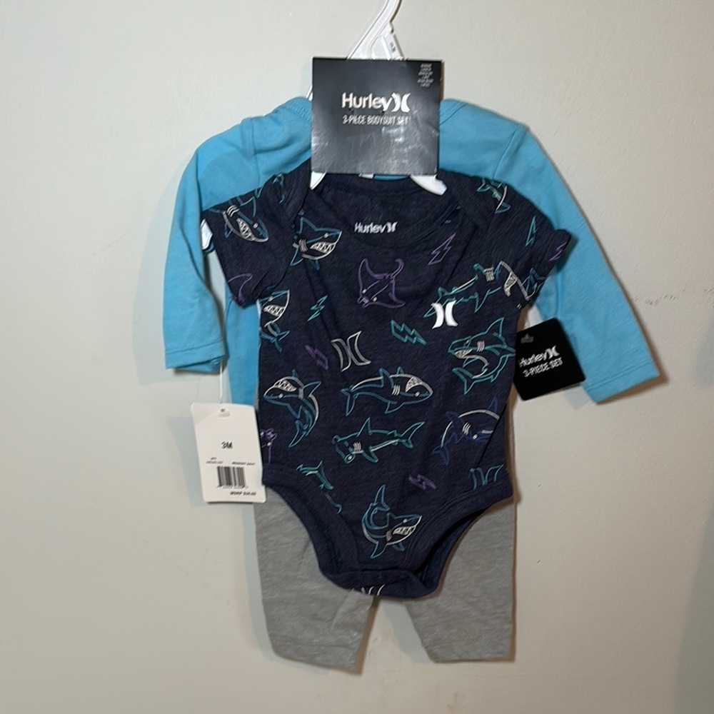NWT- Hurley-Three Piece Hurley Blue and Gray Bodysuit Set with Ocean Theme